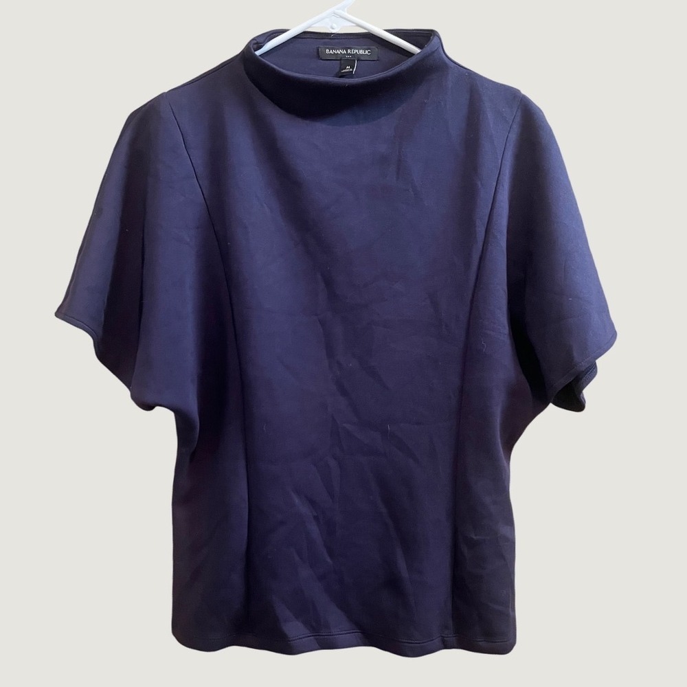 Banana Republic Ponte Mock Neck Top Womens M Navy Blue Flutter Sleeve Blouse